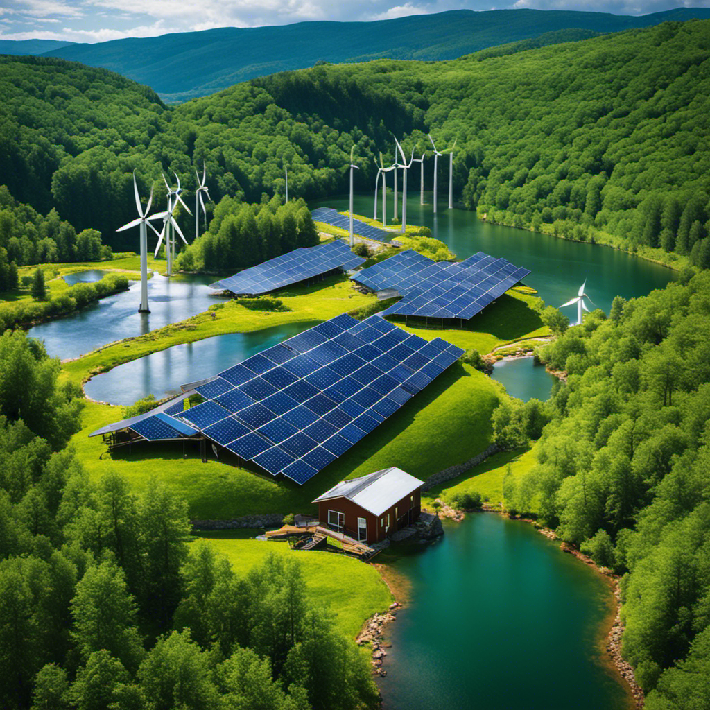 An image showcasing a vibrant landscape with a solar panel array glistening under the sun, wind turbines gracefully spinning on a hill, water rushing through a hydroelectric dam, steam rising from geothermal vents, and a cozy cabin surrounded by a lush forest