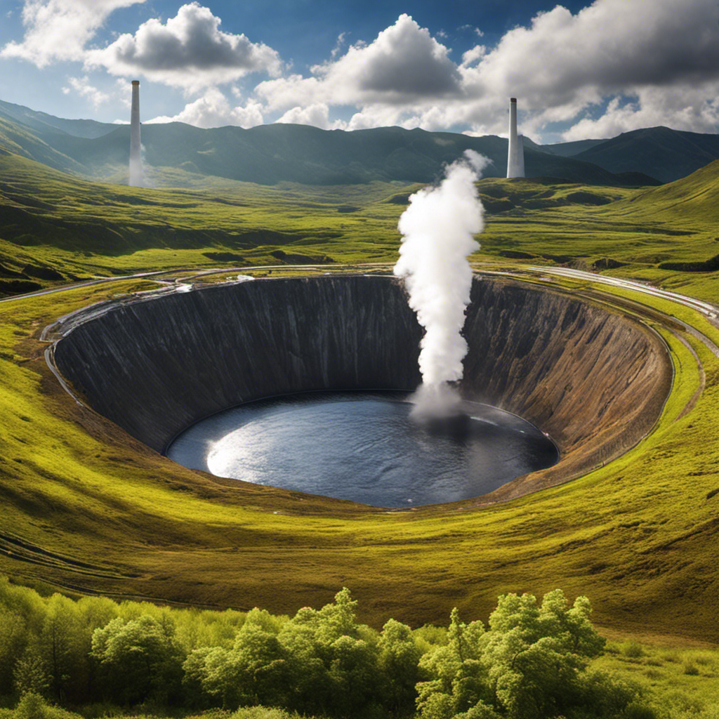 An image showcasing the underground reservoir of geothermal energy, with heat radiating from the Earth's core through various layers of rocks, and finally, harnessing it with a geothermal power plant