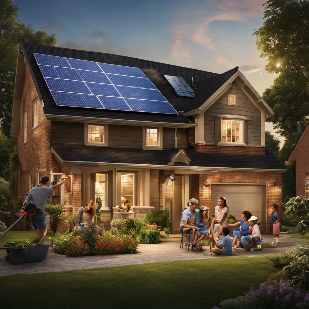 An image showcasing a diverse community: a young family with children playing in their solar-powered backyard, a retired couple gardening near their solar panels, and a group of college students studying under a solar-powered street lamp