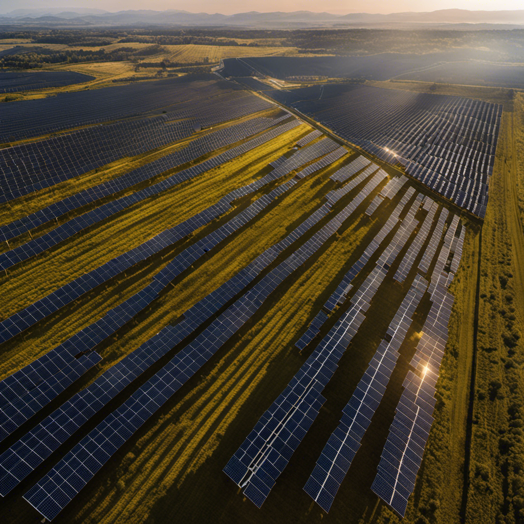 An image showcasing a vast solar farm, with rows of neatly aligned solar panels stretching towards the horizon