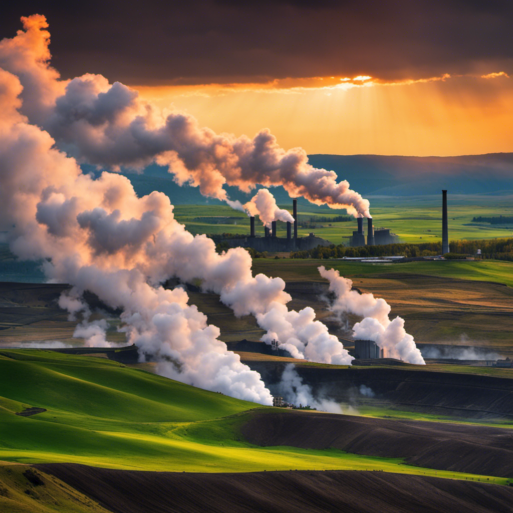 An image showcasing a sprawling landscape where towering geothermal power plants dominate the horizon