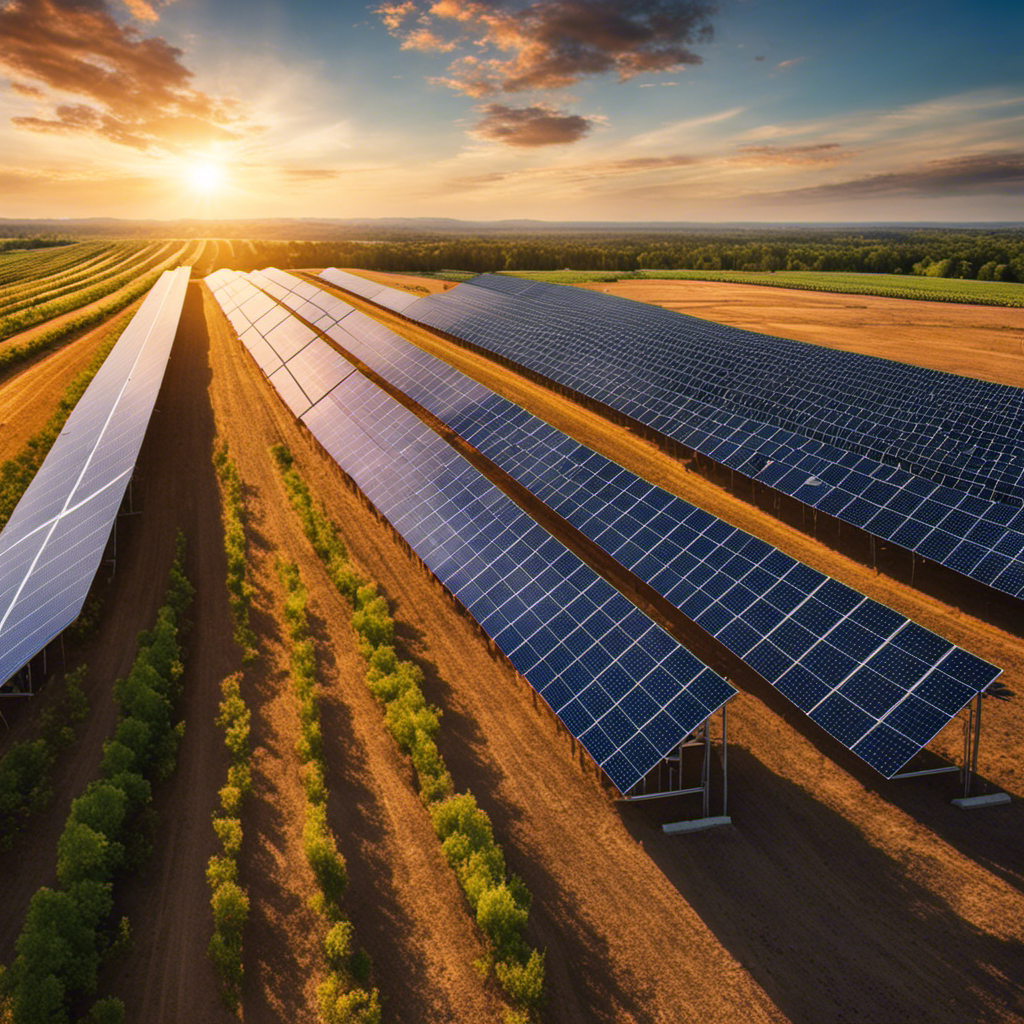 An image showcasing a vibrant, sun-kissed landscape with rows of solar panels stretching towards the horizon