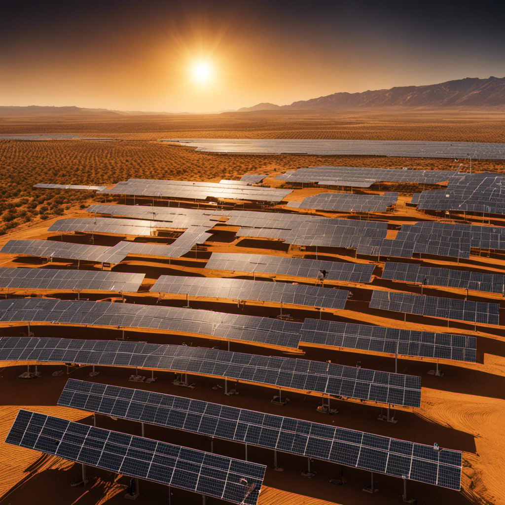 An image depicting Jerry's solar energy experiment in Israel, showcasing a vast expanse of sun-soaked solar panels installed in a desert landscape, generating clean, renewable energy
