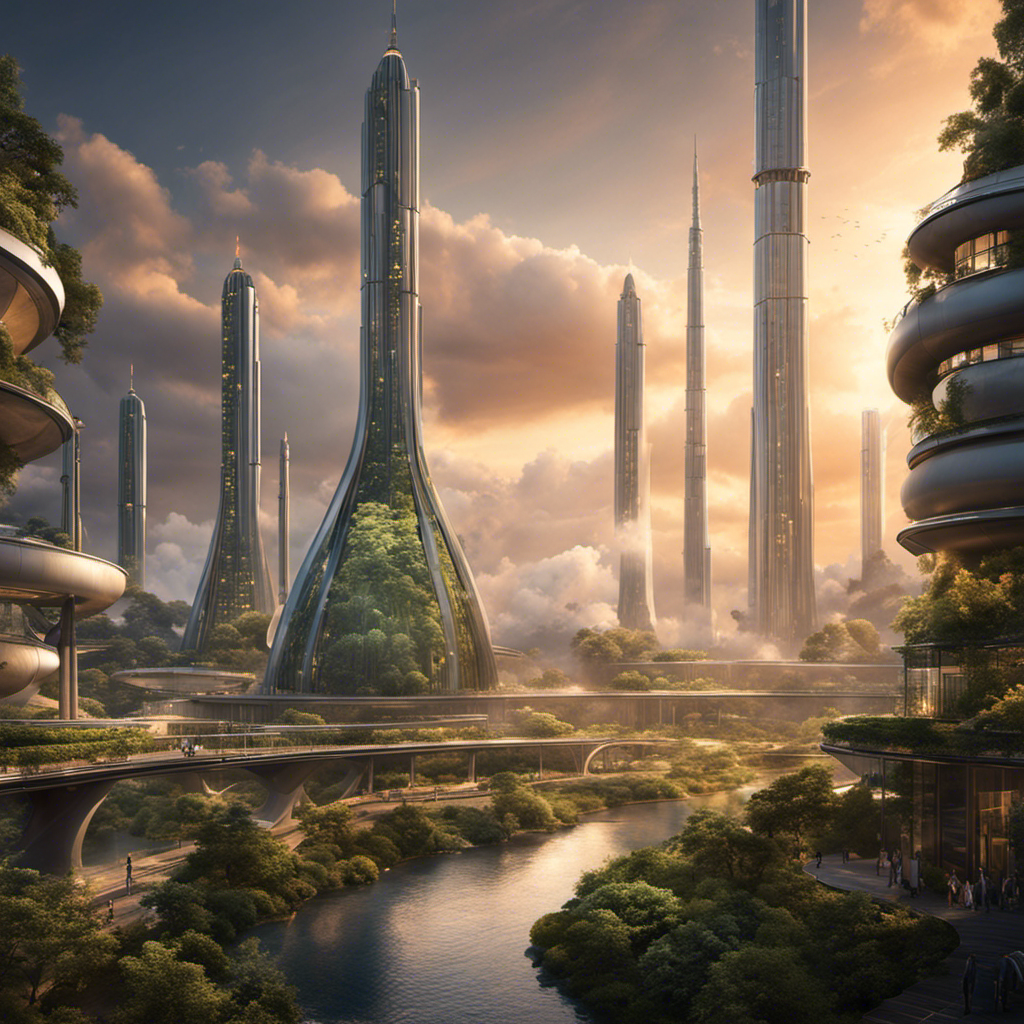An image portraying a futuristic cityscape with towering geothermal power plants seamlessly integrated into the urban landscape, emitting clean energy and harmoniously coexisting with nature