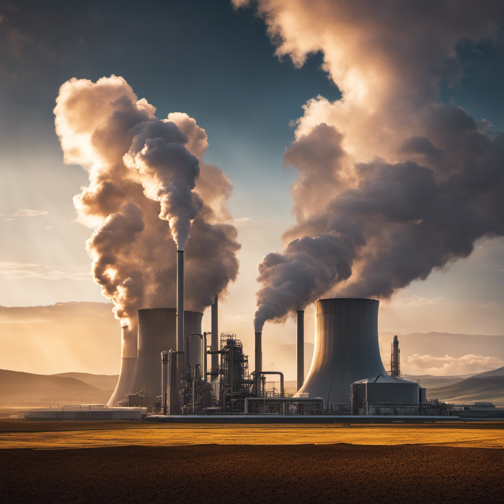 An image showcasing a vast landscape with multiple geothermal power plants integrated seamlessly, their towering structures emitting steam into the air, as a symbol of the global potential and progress of geothermal energy