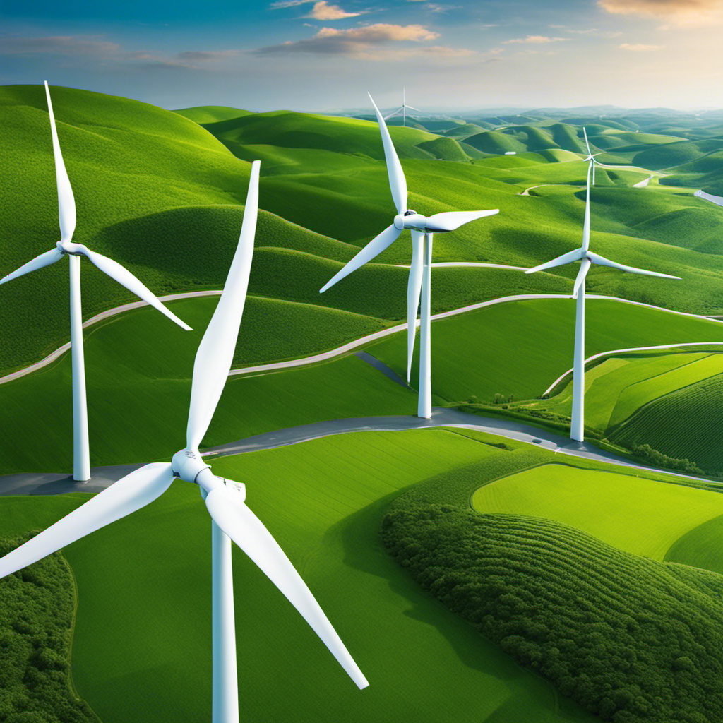 An image showcasing a lush green landscape with rolling hills, dotted with various sizes of sleek, modern wind turbines