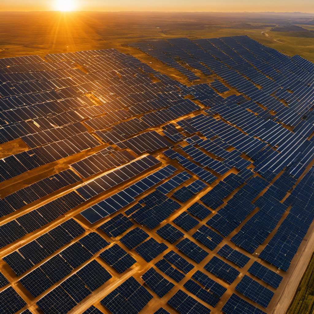 An image showcasing a vast expanse of solar panels stretching across the American landscape, as the sun's rays bathe the earth in golden light, illustrating the potential to power the entire USA with clean solar energy