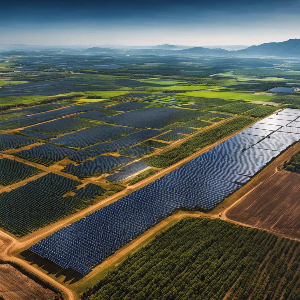 An image showcasing a vibrant solar panel farm basking under a clear blue sky, emitting clean energy