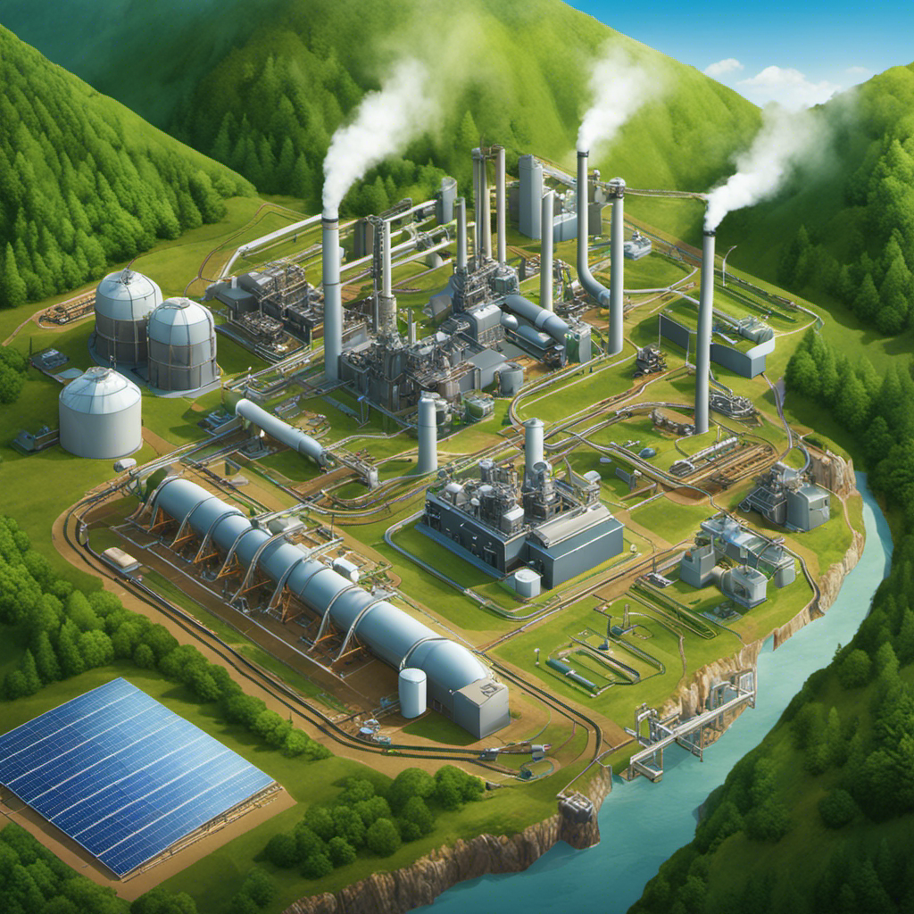 An image showcasing a geothermal power plant surrounded by lush green landscapes