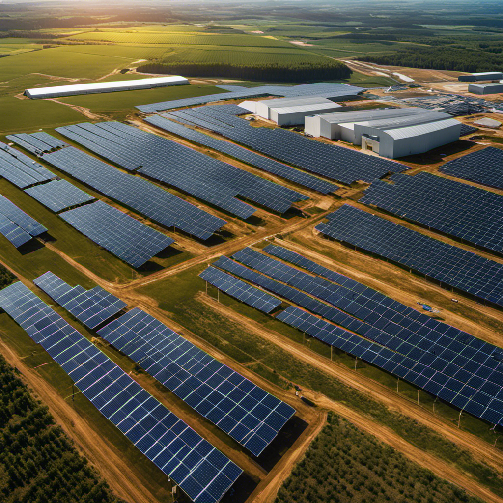 An image showcasing a sprawling solar panel farm stretching across a vast landscape, with workers in protective gear installing and maintaining panels, while nearby factories emit less pollution due to the shift towards solar energy