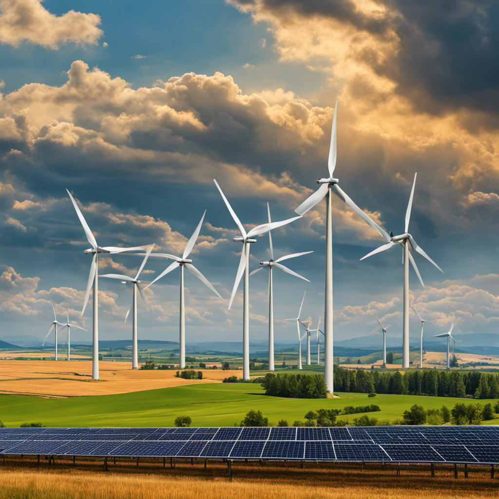 An image portraying a vibrant landscape with wind turbines gracefully spinning amidst a field of solar panels, providing clean energy, while a distant factory emitting pollution highlights the stark contrast between renewable and fossil fuel energy sources