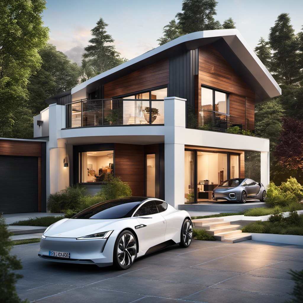 An image showing a modern home with a solar panel system on the rooftop, batteries neatly organized in a garage, and an electric car being charged, illustrating the seamless integration of solar battery storage into sustainable living