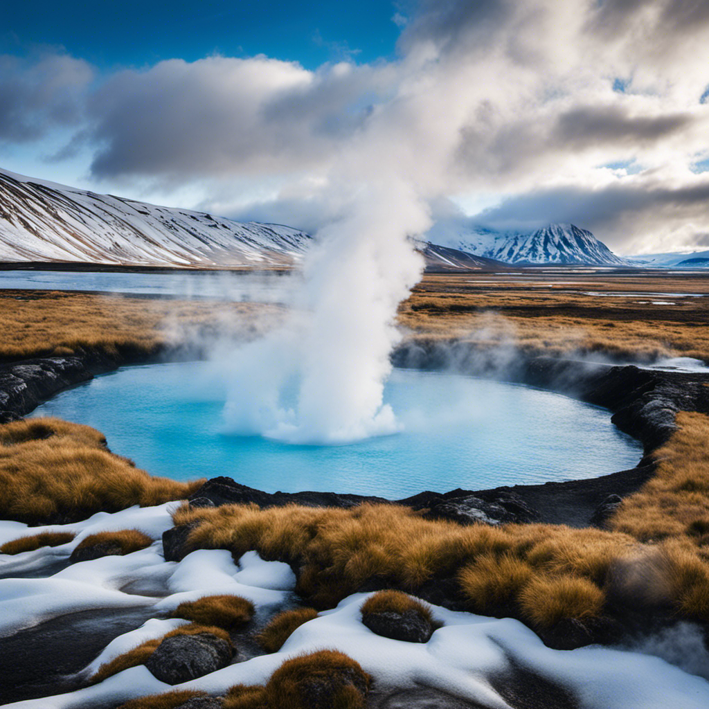 An image showcasing Iceland's transition to geothermal energy: a breathtaking landscape of bubbling geothermal pools surrounded by snow-capped mountains, with power plants discreetly nestled in the background, emitting steam into the crisp, blue sky