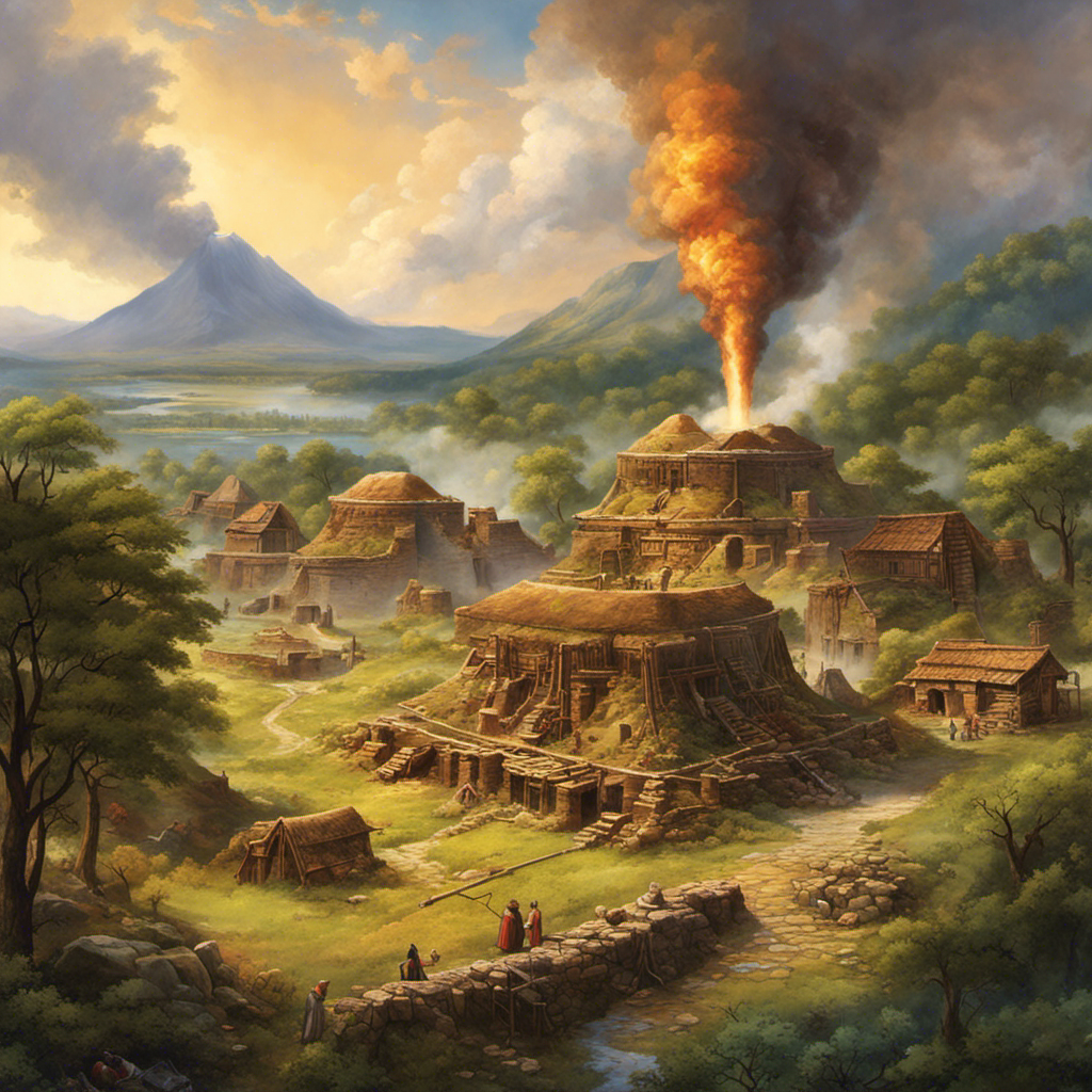 An image showcasing the early origins of geothermal energy, depicting ancient civilizations harnessing the Earth's natural heat through underground steam vents, using visual elements such as primitive tools and traditional dwellings