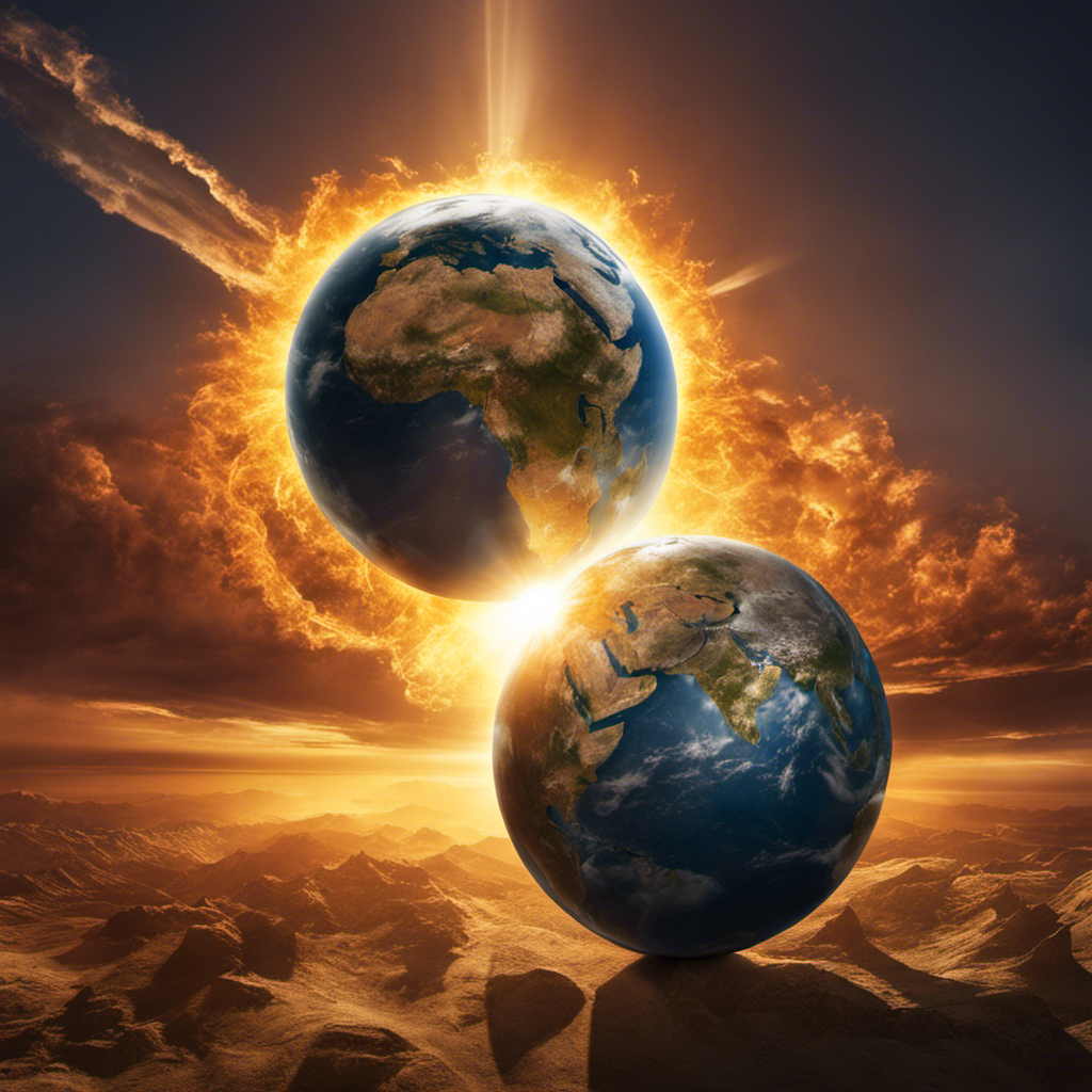 An image portraying two Earth globes, one tilted towards the sun with intense rays hitting the Northern Hemisphere, and the other globe tilted away, with the same amount of gentle sunlight encompassing both hemispheres