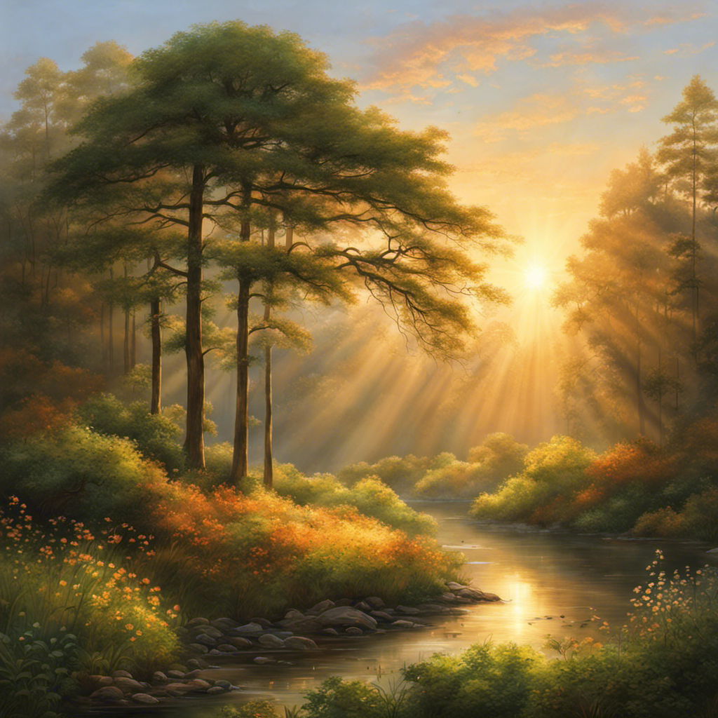 An image showcasing a serene landscape, bathed in the soft hues of an early morning sunrise