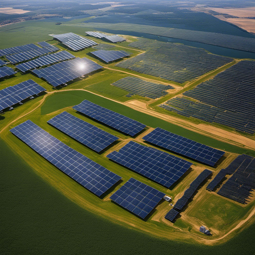 An image showcasing the remarkable efficiency of solar energy by juxtaposing a sprawling solar farm against a conventional power plant, emphasizing the vast power output achieved at a fraction of the cost