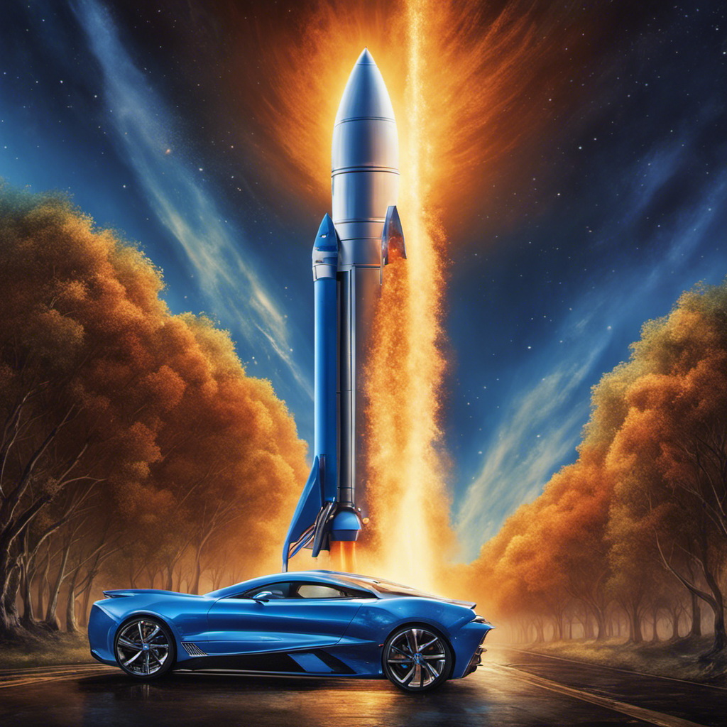 An image depicting a mighty rocket soaring through the sky, propelled by a brilliant blue flame