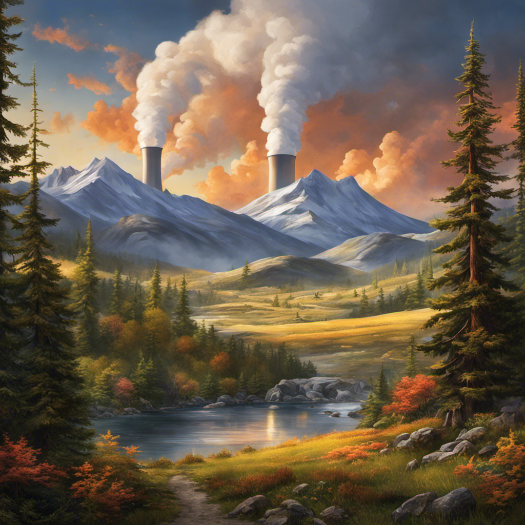 An image showcasing a serene mountain landscape with a conspicuous geothermal power plant nestled at the base