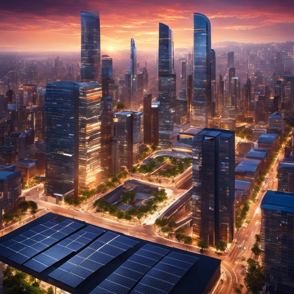 An image showcasing a vibrant city skyline, with futuristic solar panels seamlessly integrated into every rooftop