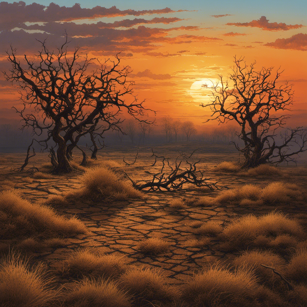 An image that portrays a desolate landscape with withered plants, cracked earth, and a crumbling lattice structure