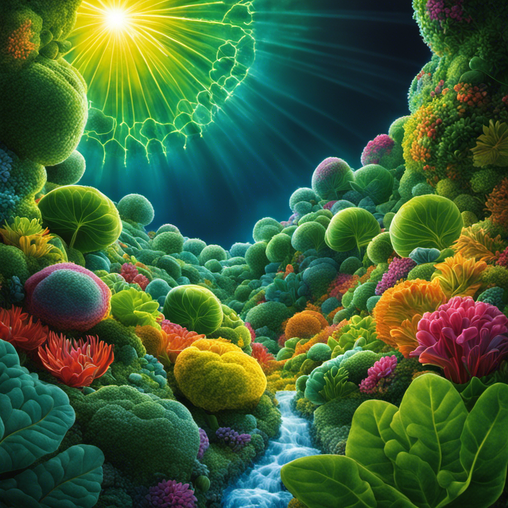An image showcasing a vibrant chloroplast within a plant cell, where P680, illuminated by intense sunlight, releases a cascading stream of precisely 4 high-energy electrons into the electron transport chain