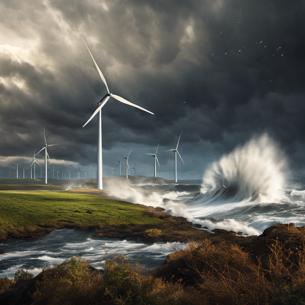 An image capturing the chaos and destruction that ensues when a powerful gust of wind propels a massive wave of organic matter towards a wind turbine, symbolizing the unexpected challenges that can arise in renewable energy systems