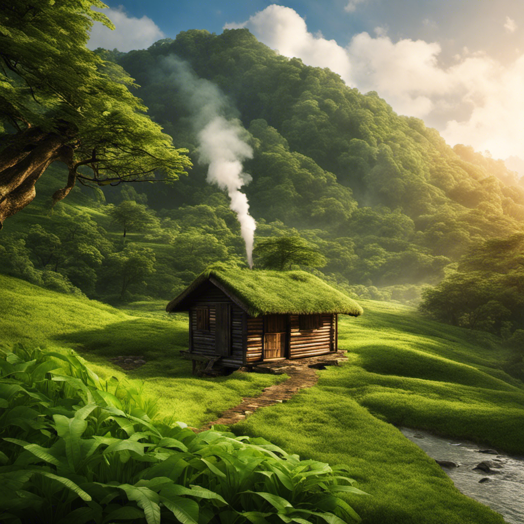 A captivating image featuring a serene landscape with a small wooden hut emitting steam, surrounded by lush greenery