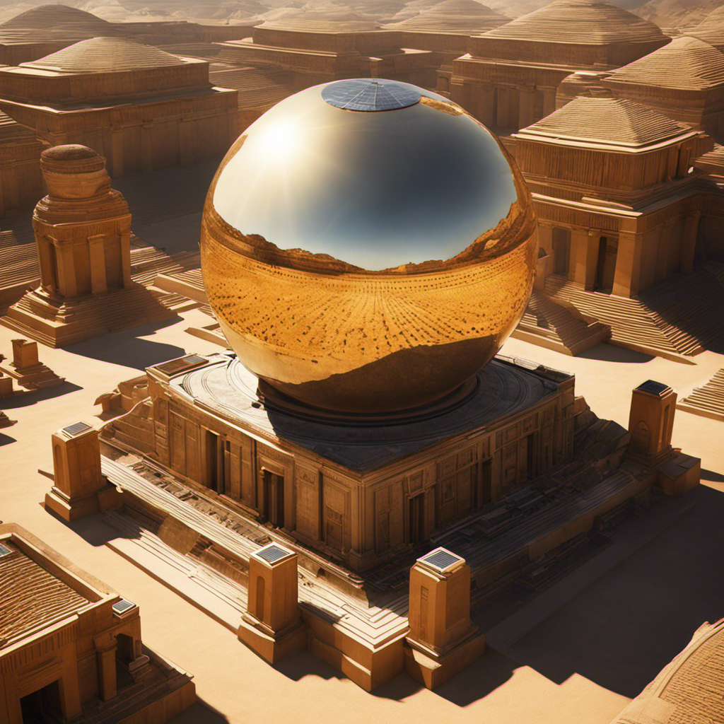 An image depicting a sunlit ancient civilization where people harness solar energy using reflective mirrors and direct it towards a device, showcasing the early utilization of solar power