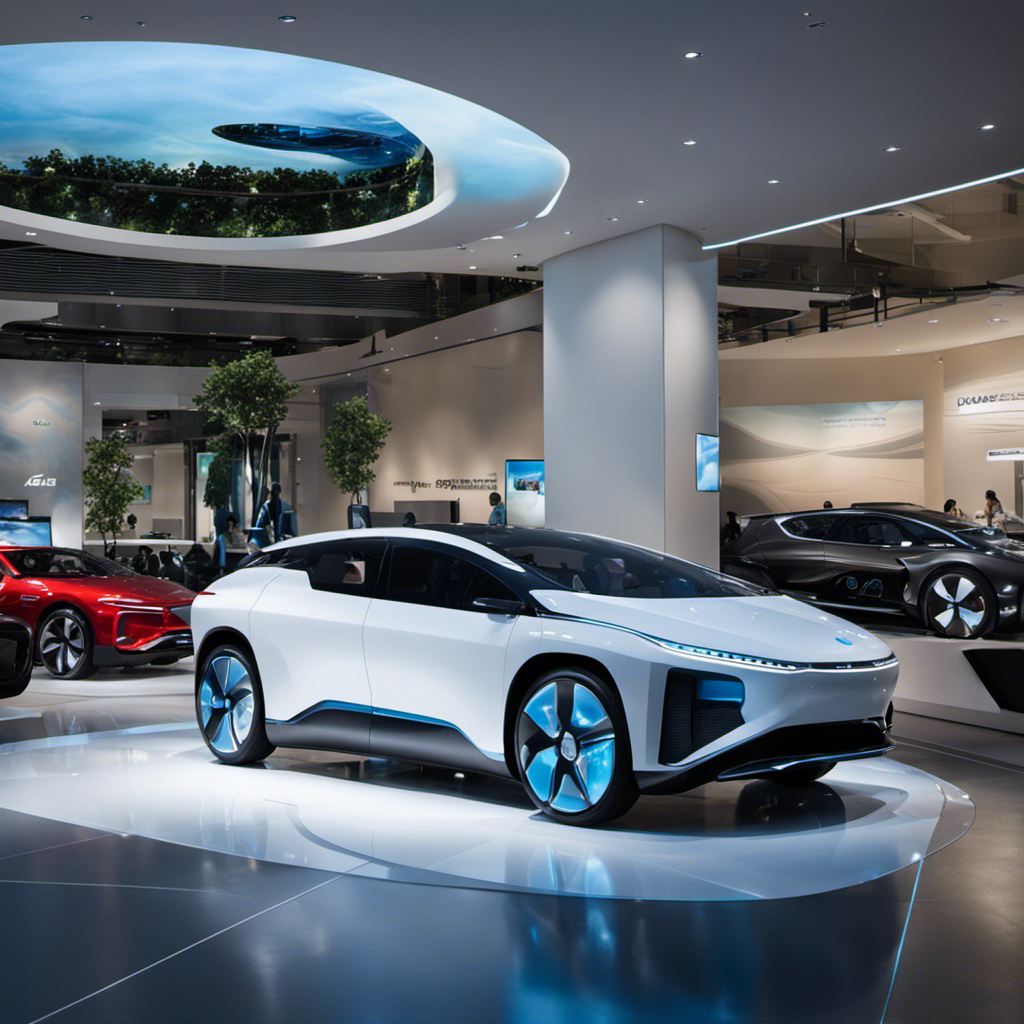 An image showcasing a futuristic car showroom filled with sleek, hydrogen fuel cell vehicles