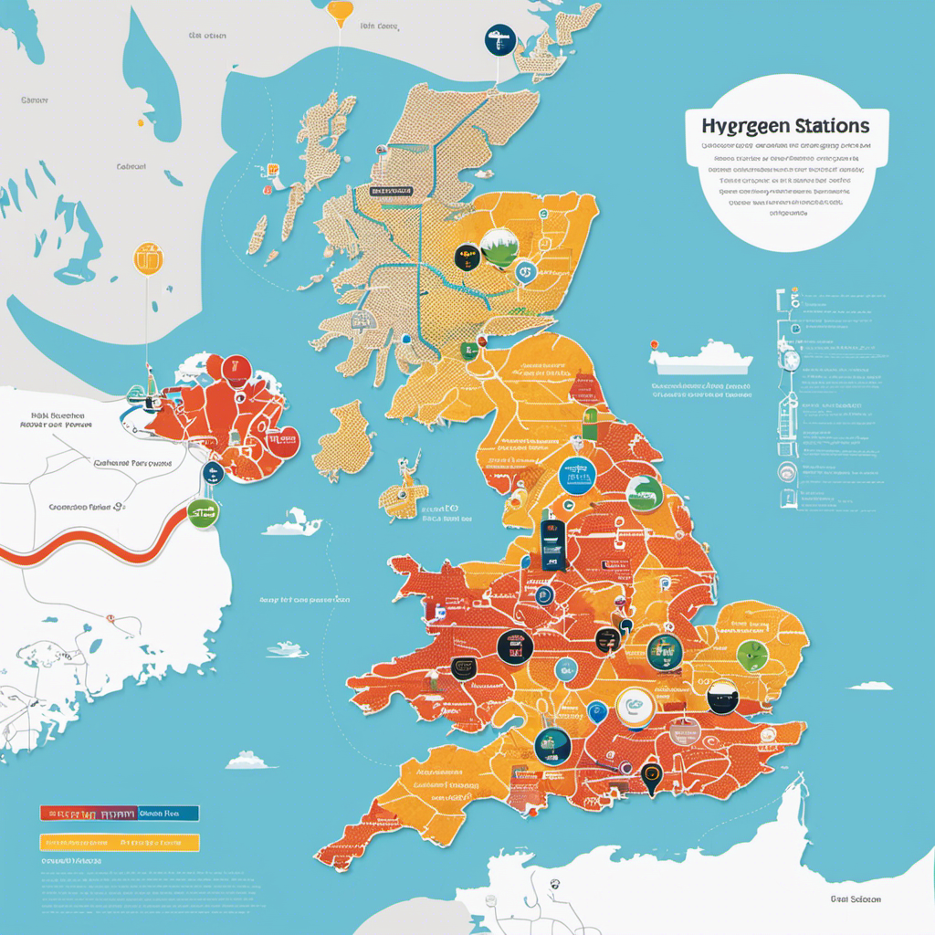 An image showcasing a map of the UK, highlighting hydrogen fuel stations with vibrant icons