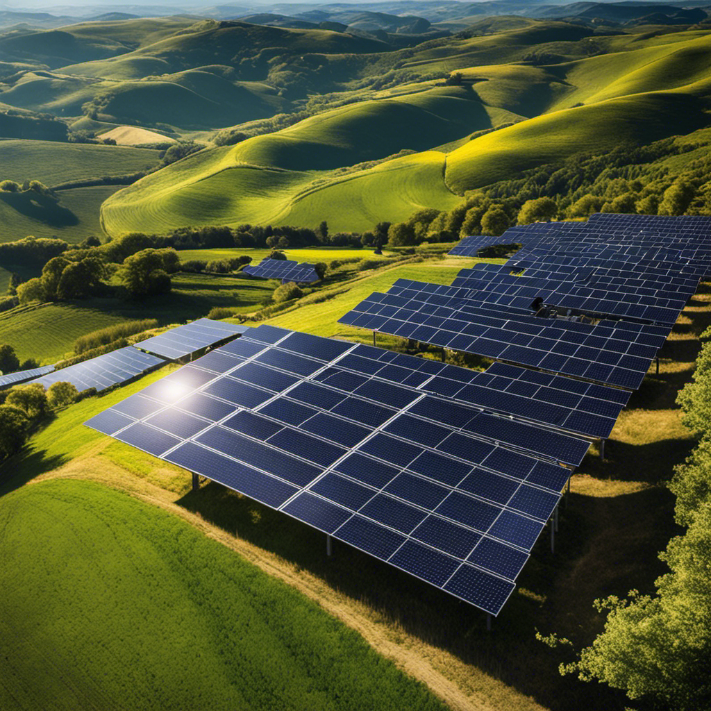 An image showcasing a sun-drenched landscape with a sprawling solar farm nestled amidst rolling hills, capturing the vibrant panels reflecting sunlight, generating clean energy, and powering nearby homes and businesses