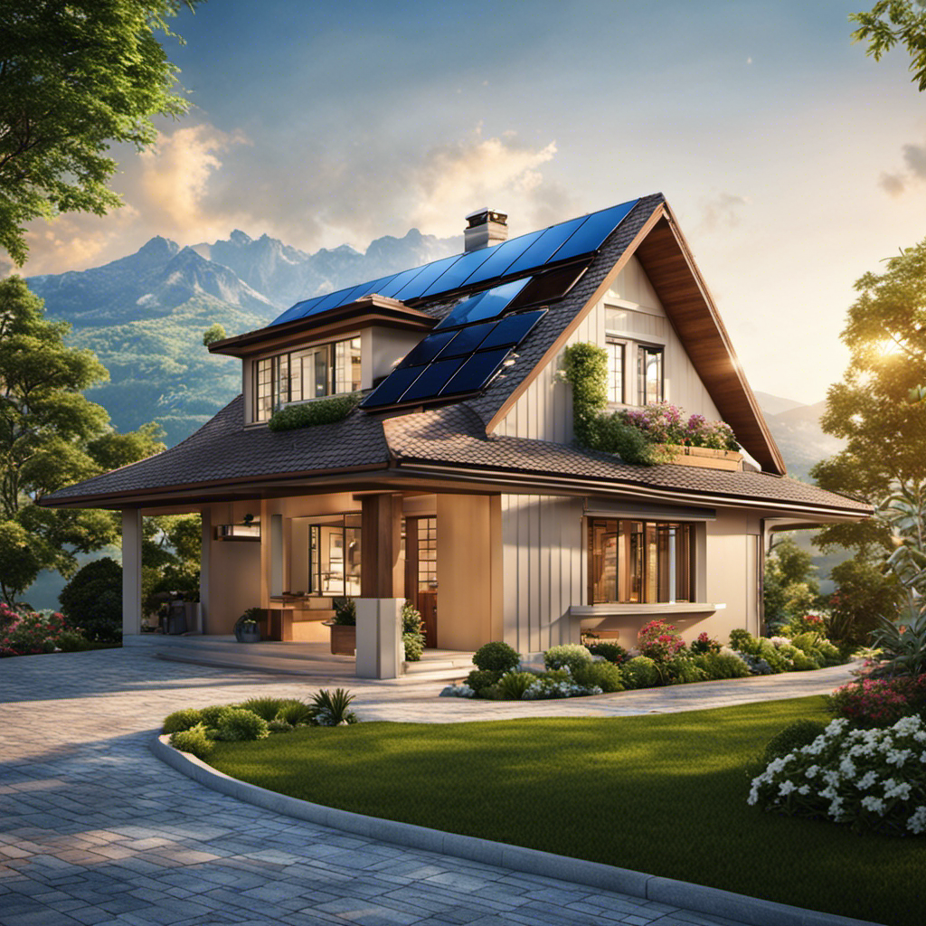 An image showcasing a sun-drenched rooftop of a suburban house, adorned with sleek solar panels glistening under clear blue skies, while surrounded by lush greenery and a picturesque mountain backdrop