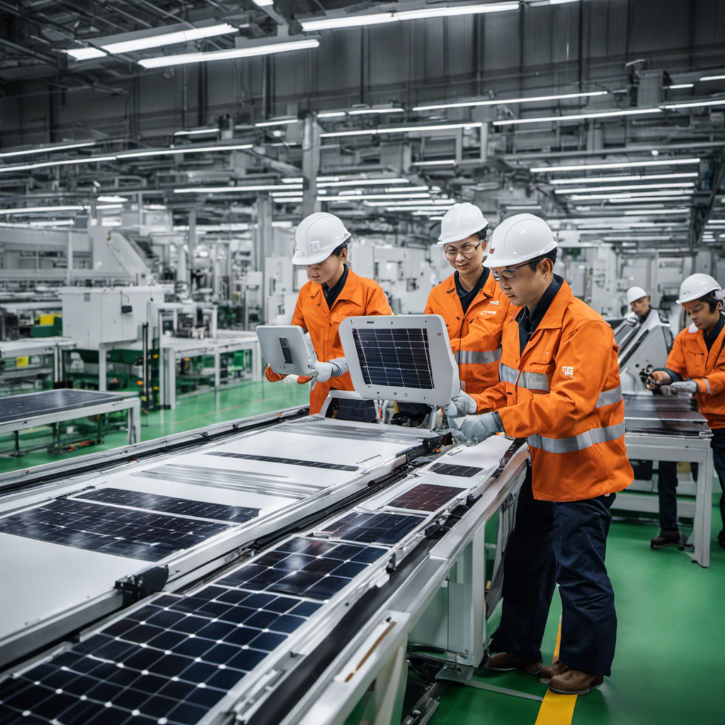 An image showcasing the manufacturing process of Longi Green Energy Technology solar panels, depicting a state-of-the-art factory floor bustling with robotic arms assembling high-quality panels, while engineers supervise the production line's immaculate efficiency