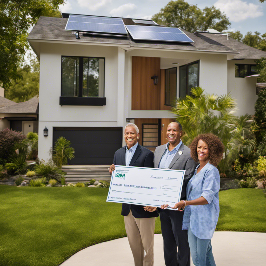 An image showcasing a homeowner standing outside their solar-powered house, with a cheerful government representative handing them a symbolic oversized check for grant money