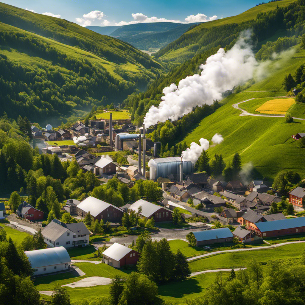 An image showcasing a small town nestled in a picturesque valley, with steam rising from geothermal power plants in the background