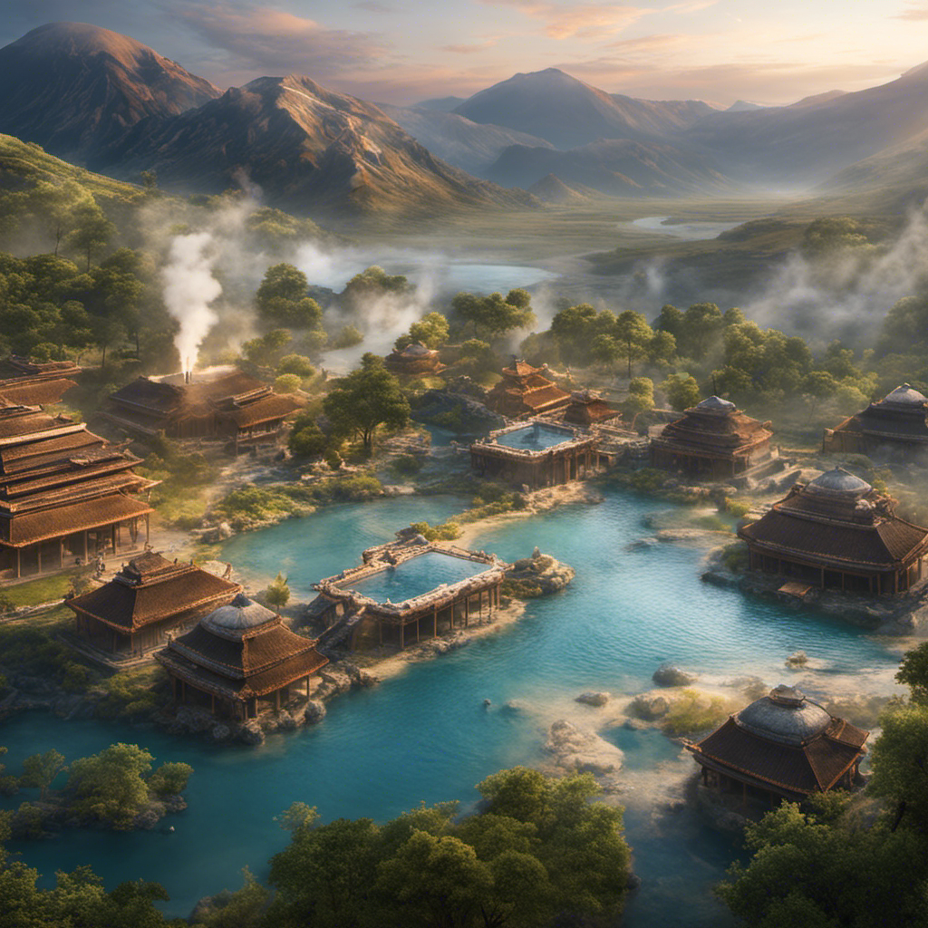 An image showcasing a serene landscape, with a backdrop of bubbling hot springs surrounded by ancient civilizations, symbolizing the birthplace of geothermal energy