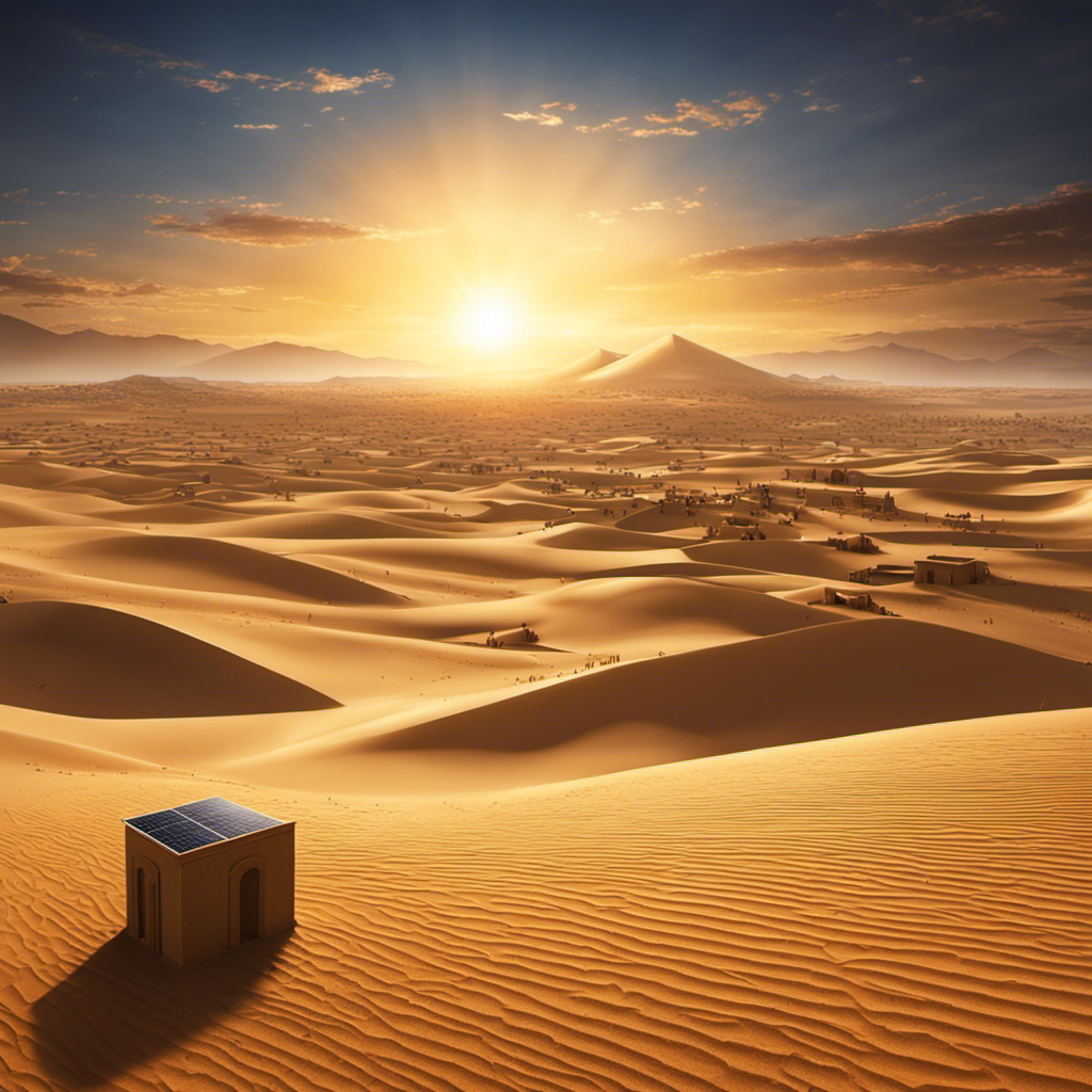 An image depicting a vast expanse of ancient Egyptian desert, with the blazing sun overhead