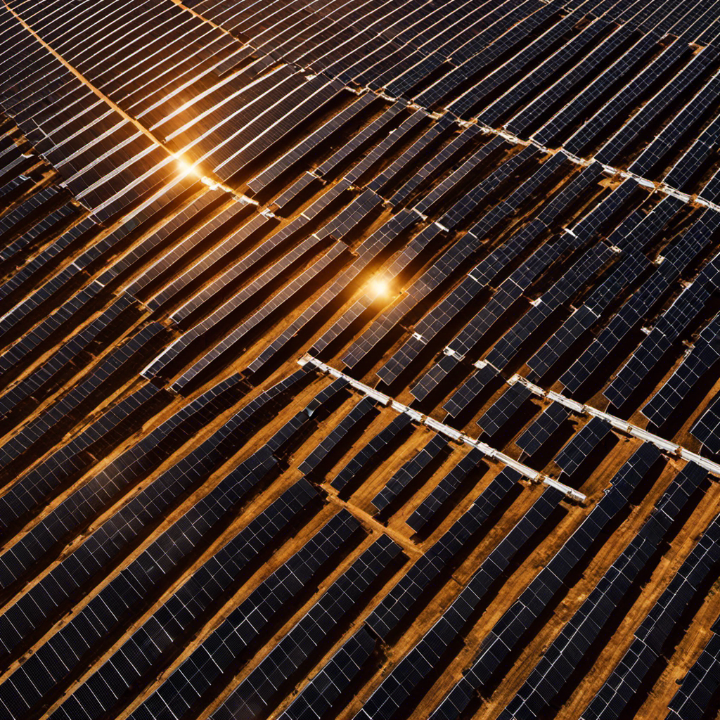 An image capturing the vast expanse of a solar farm: rows upon rows of glistening photovoltaic panels stretching as far as the eye can see, harnessing the boundless energy of the sun