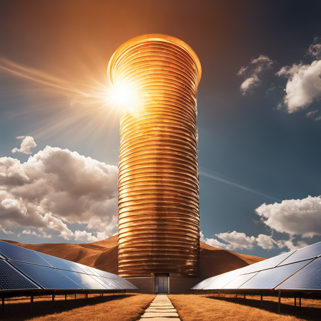 An image showcasing the process of solar thermal energy: a vast field of solar collectors, reflecting the sun's rays onto a central tower where the heat is converted into electricity