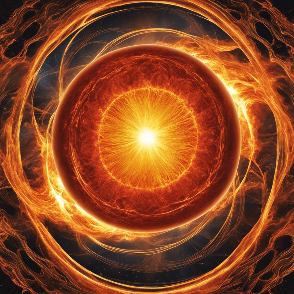 An image depicting the sun's core as a fiery, pulsating sphere of immense energy, with swirling currents of plasma and magnetic fields intertwining, serving as the birthplace of solar energy