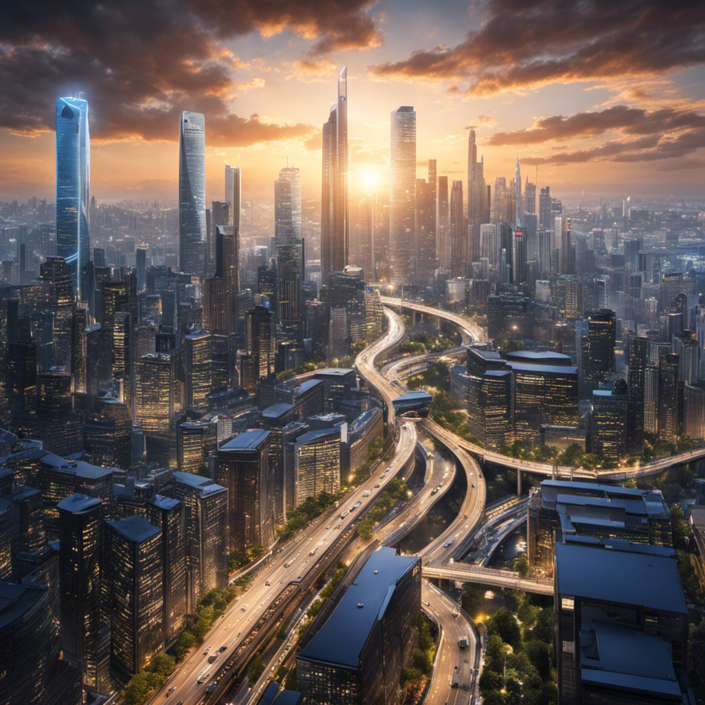 An image showcasing a bustling city skyline, with hydrogen-powered buses gliding effortlessly through the streets