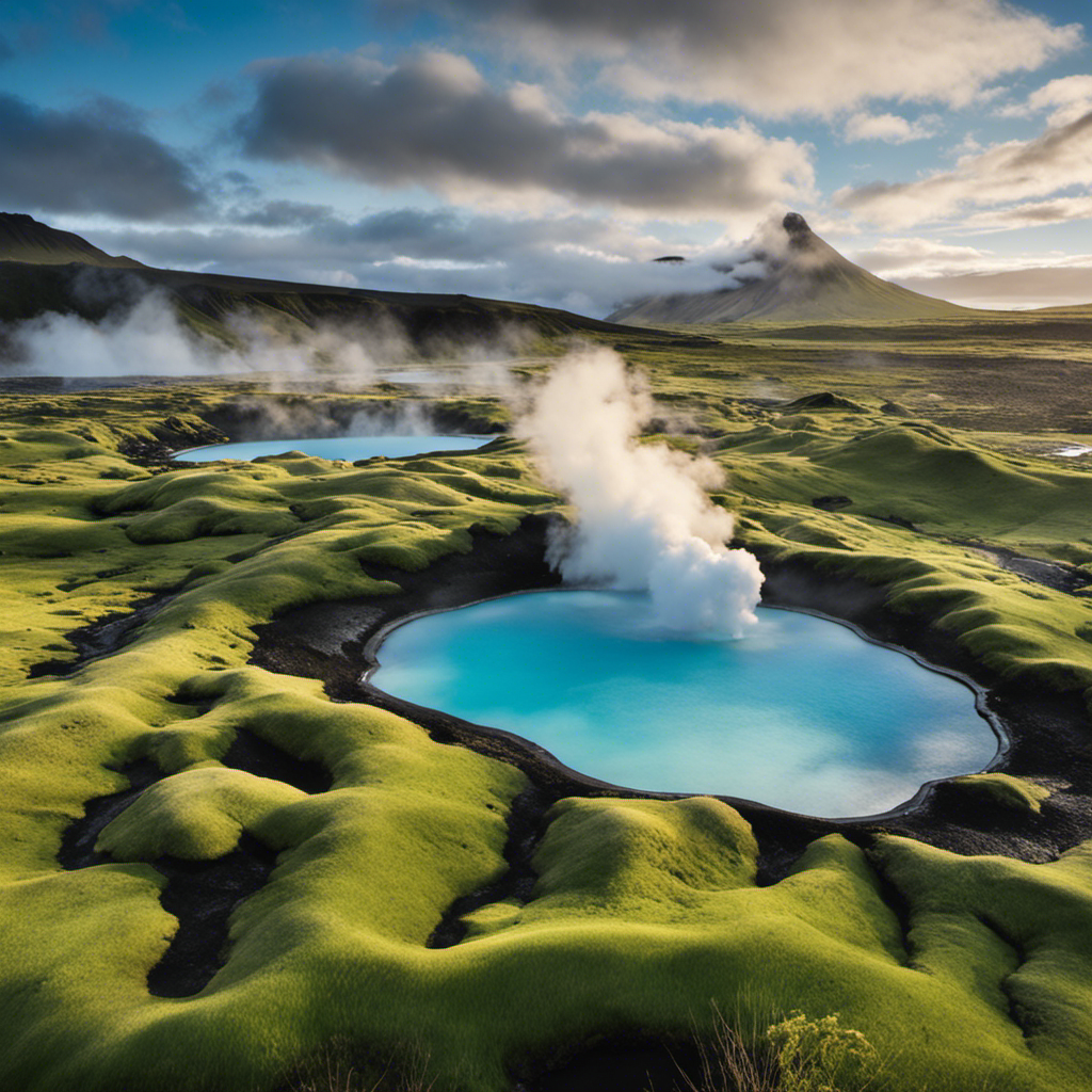 An image showcasing the majestic Icelandic landscape, with bubbling geothermal pools surrounded by lush green mountains, billowing steam clouds, and a glimpse of the iconic Blue Lagoon in the distance