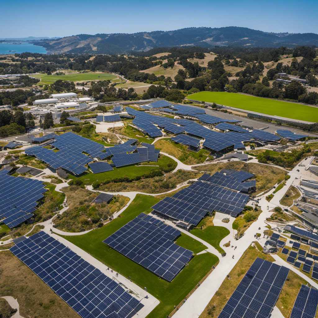 An image showcasing CSU East Bay's solar energy project: a sprawling campus with gleaming solar panels adorning rooftops, casting vibrant reflections on the surrounding landscape, while students and faculty engage in sustainable activities