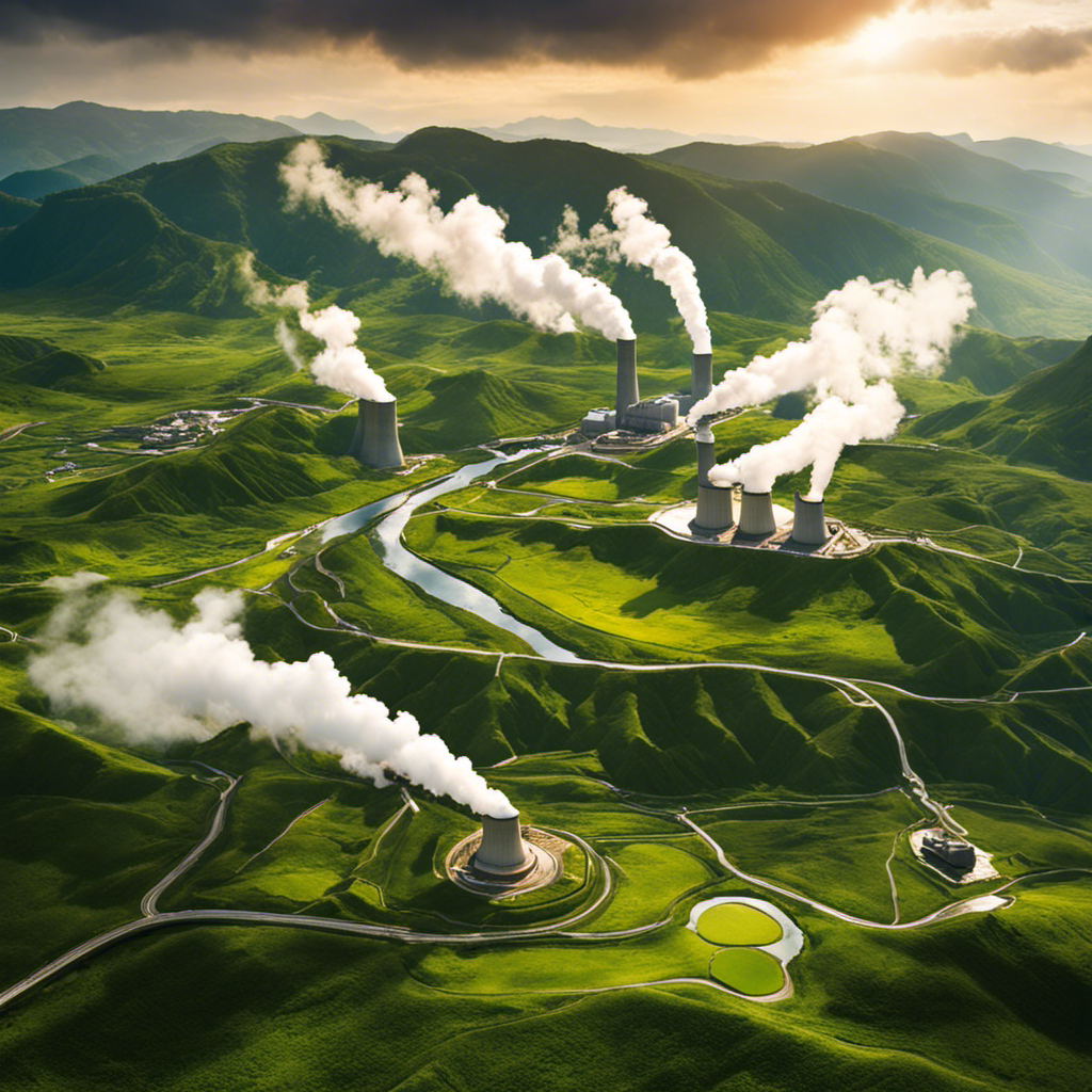 An image showcasing a sprawling landscape with towering geothermal power plants nestled amidst lush green valleys, steam rising from their vents