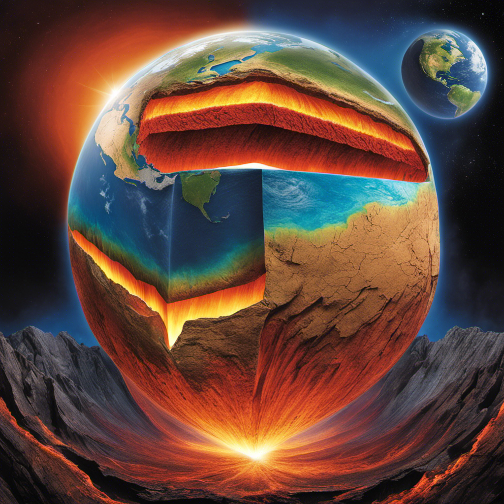 An image showcasing the Earth's underground layers, with vibrant colors representing the mantle and core, while arrows depict heat flowing upwards