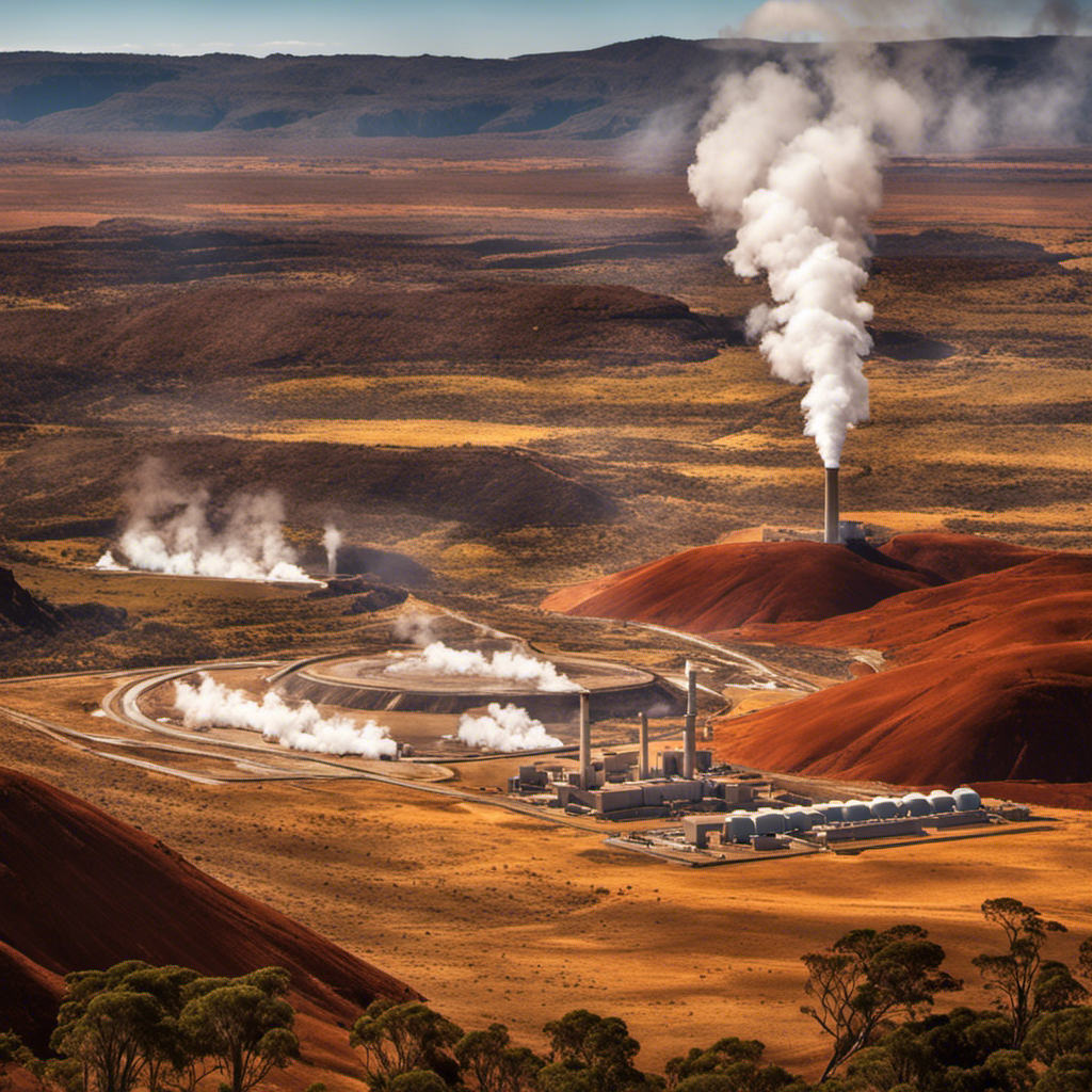 An image showcasing Australia's geothermal energy sources: a vast, arid landscape with steam rising from geothermal power plants nestled amidst the rugged terrain, surrounded by rock formations and native flora
