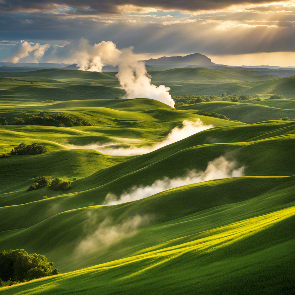 An image that showcases the vast Texan landscape, with its undulating hills and vibrant green valleys, juxtaposed against a backdrop of steam rising from geothermal power plants nestled within the earth's crust