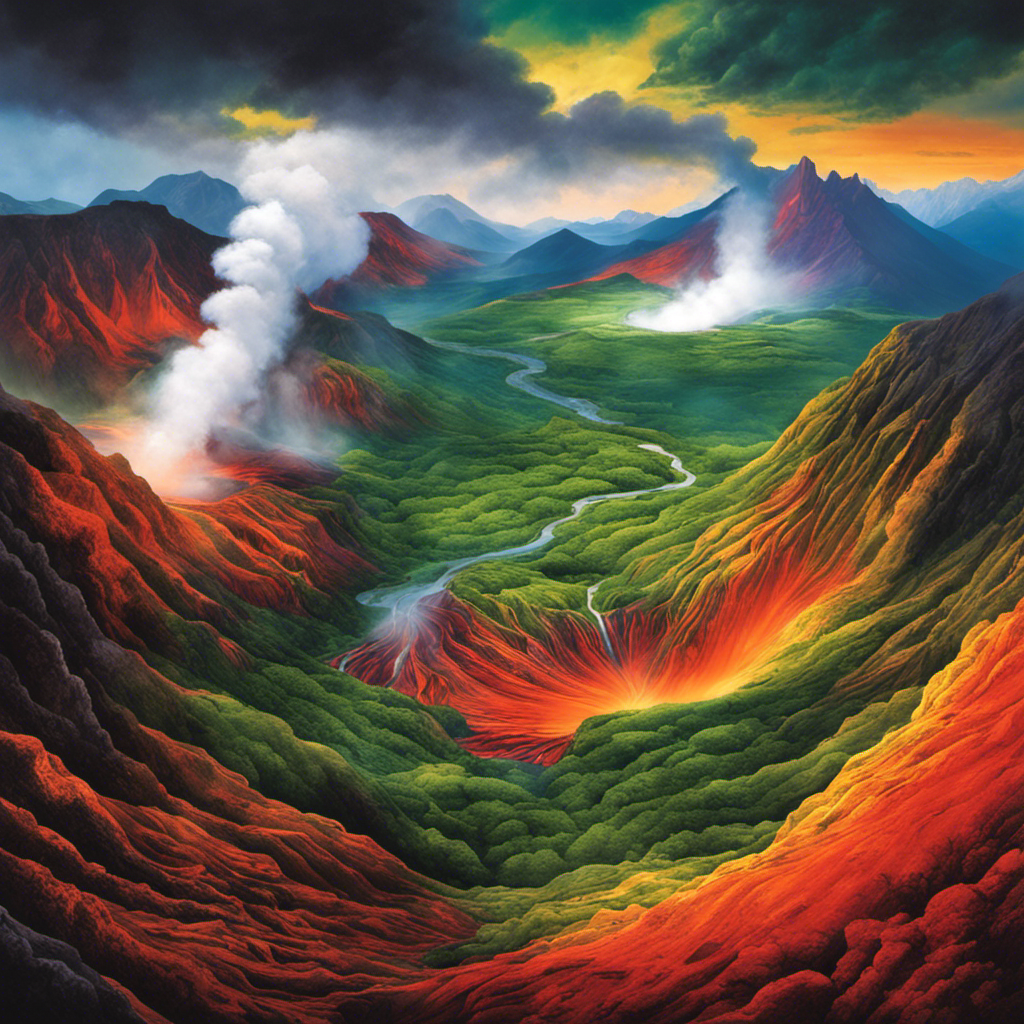 An image showcasing a volcanic landscape with steam rising from fissures in the earth's crust, surrounded by lush greenery