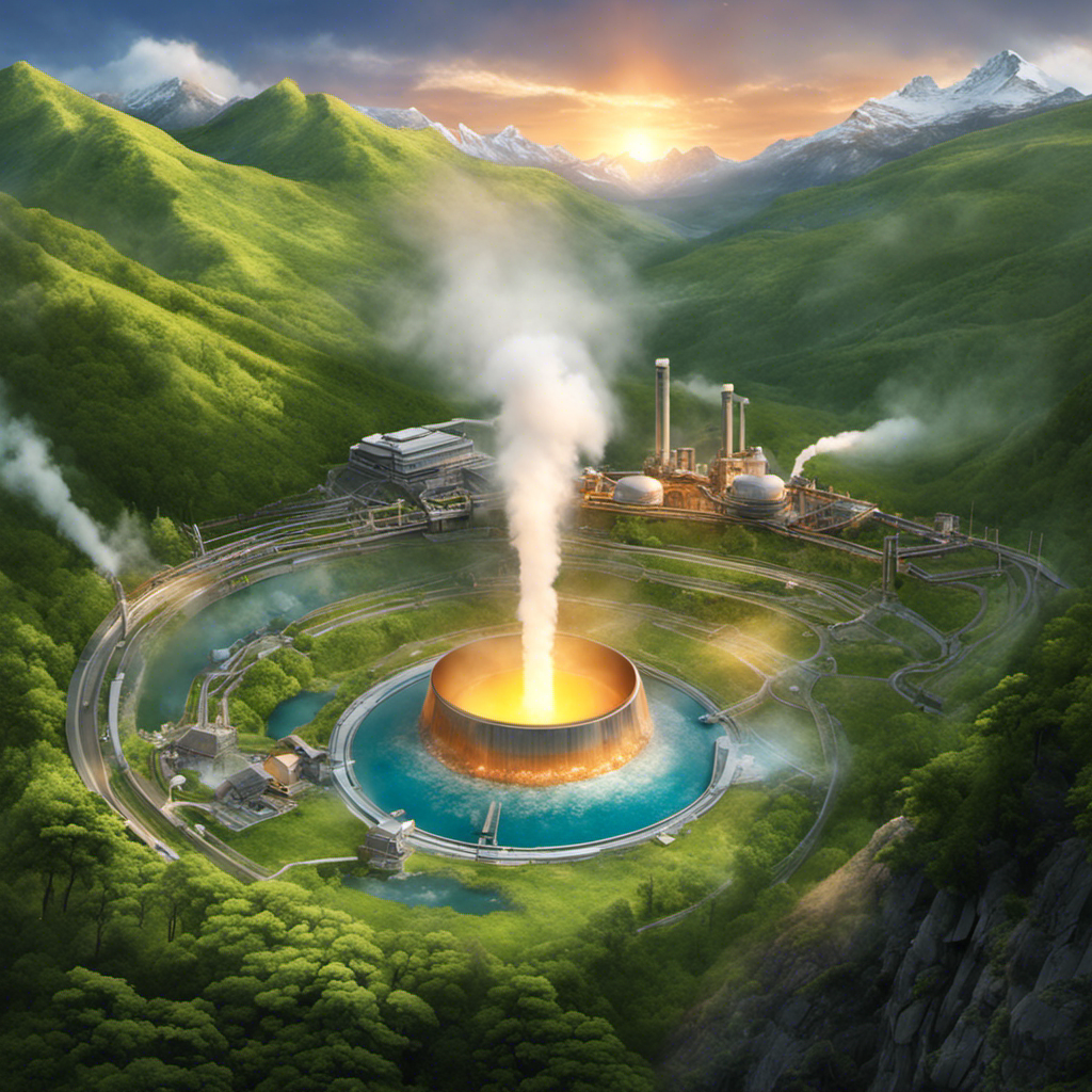 An image showcasing a geothermal power plant nestled within a mountainous region, surrounded by lush greenery
